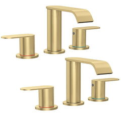 Homevacious front view of two brushed gold faucets showcasing elegant waterfall flow and visual upgrade