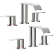 Homevacious front view showing waterfall spout and brushed nickel benefit: modern look