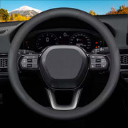HONQIRAX front view of steering wheel cover shows neat fit and improved cabin style