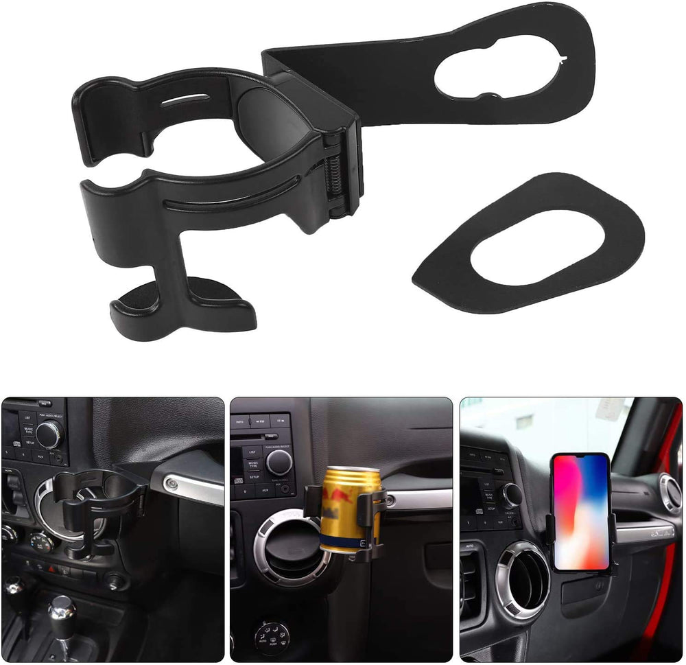 Hooke Road front view installed in Jeep Wrangler JK showing organized cup and phone benefit