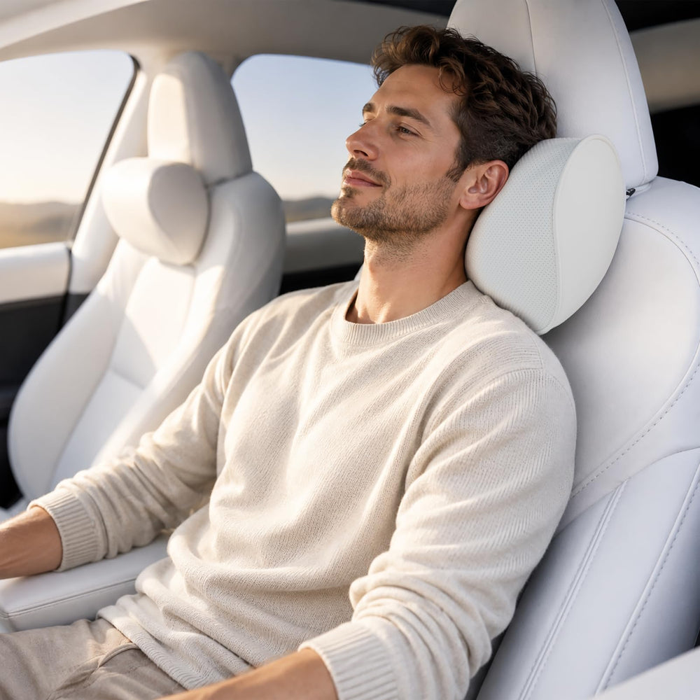 HOPON front view of white headrest pillows showing clean leather and shape for comfort