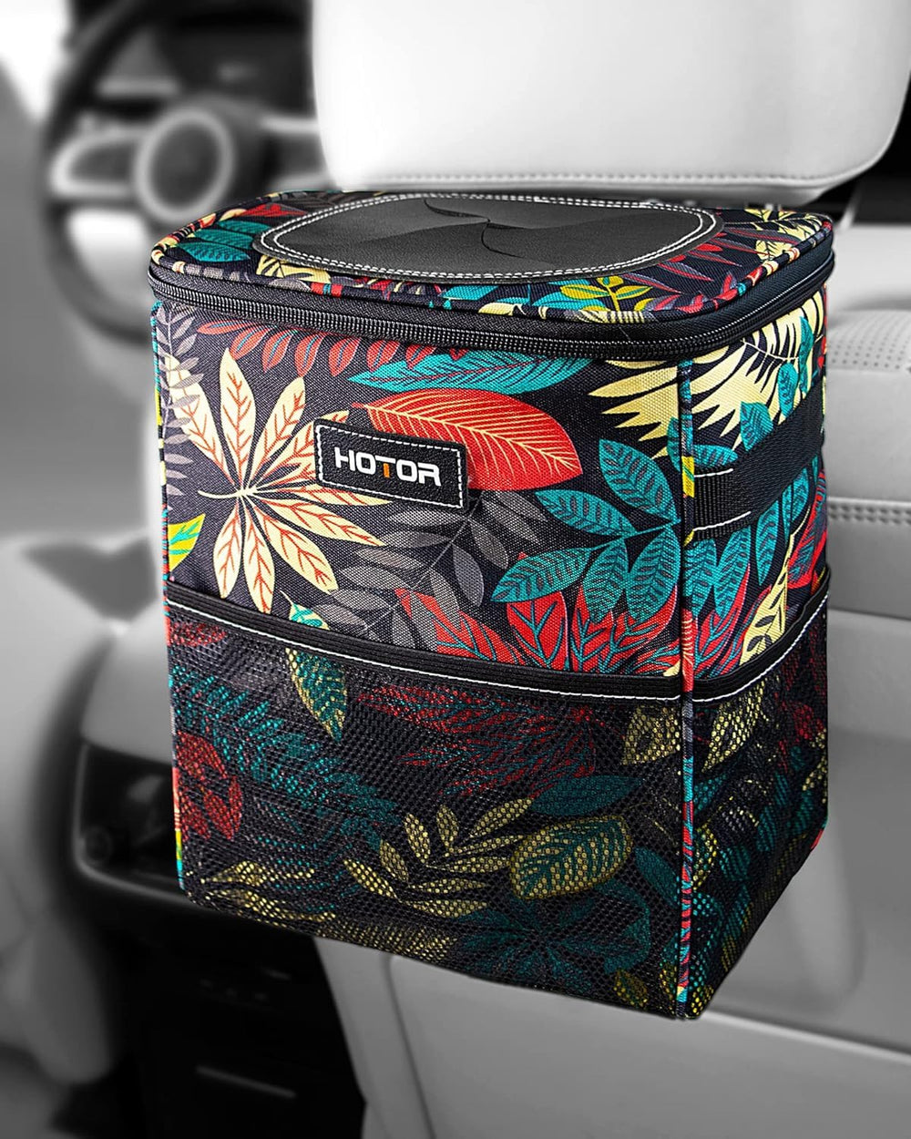 HOTOR front view of autumn leaves trash can showing compact design and immediate tidiness