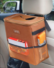 HOTOR front view of brown car trash can showing compact design and storage benefit