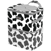 HOTOR cow-pattern car trash can front view showing compact organized placement benefit