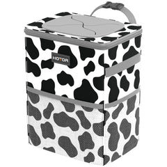 HOTOR cow-pattern car trash can front view showing compact organized placement benefit