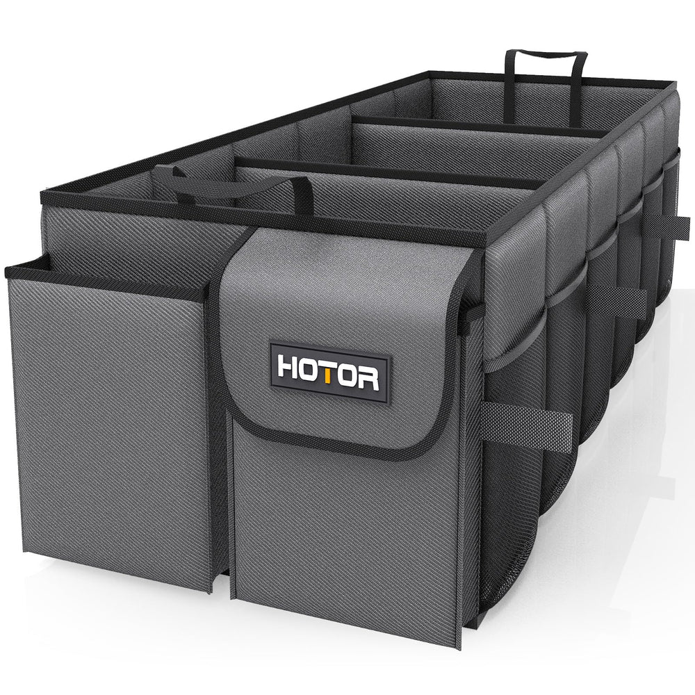 HOTOR trunk organizer front view showing durable fabric and easy carrying handles for tidy trunks