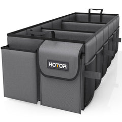 HOTOR trunk organizer front view showing durable fabric and easy carrying handles for tidy trunks