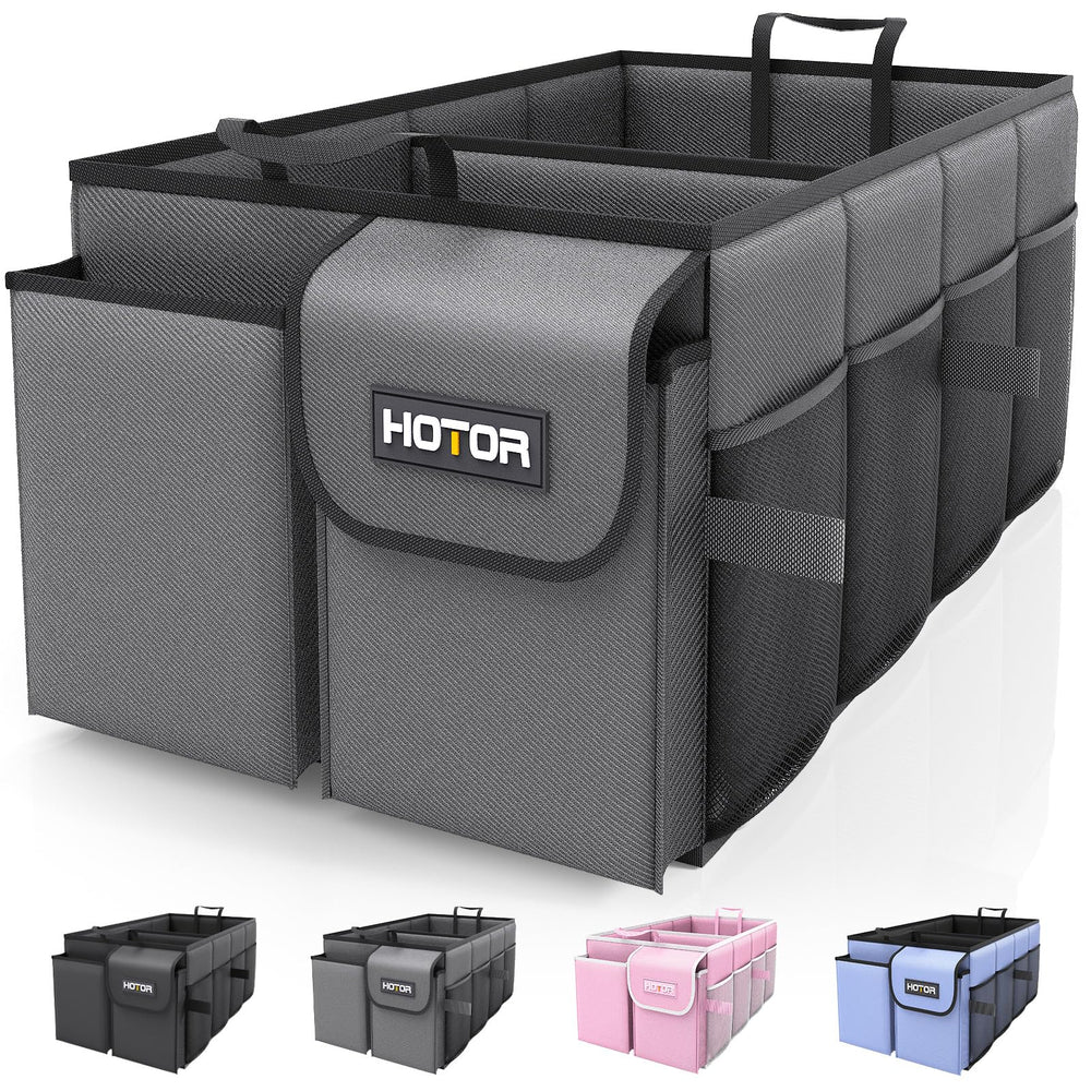HOTOR front view of trunk organizer showing compartments and tidy storage benefit