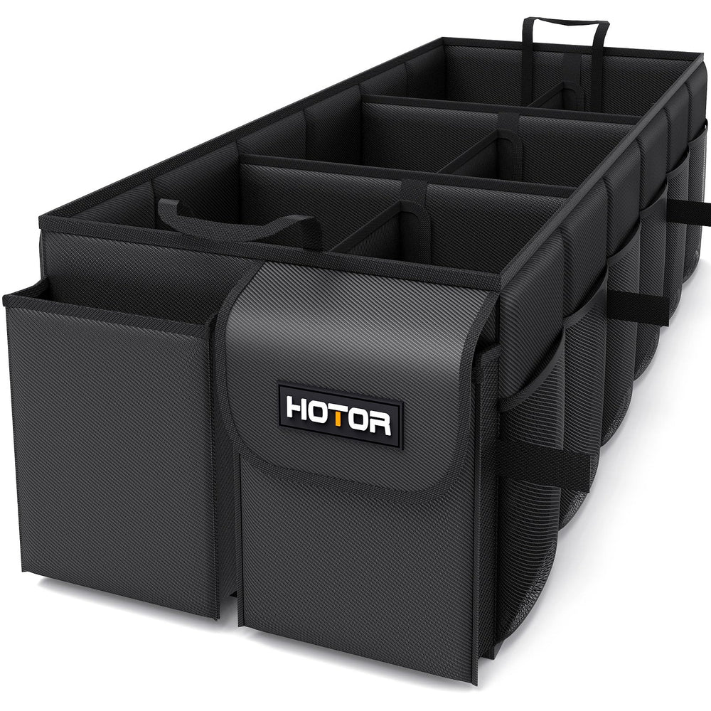 HOTOR trunk organizer front view showing compartments and neat storage benefit