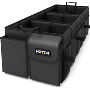 HOTOR trunk organizer front view showing compartments and neat storage benefit