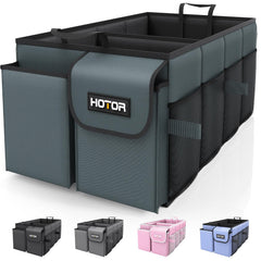 HOTOR trunk organizer front view showing compartments and tidy storage benefit