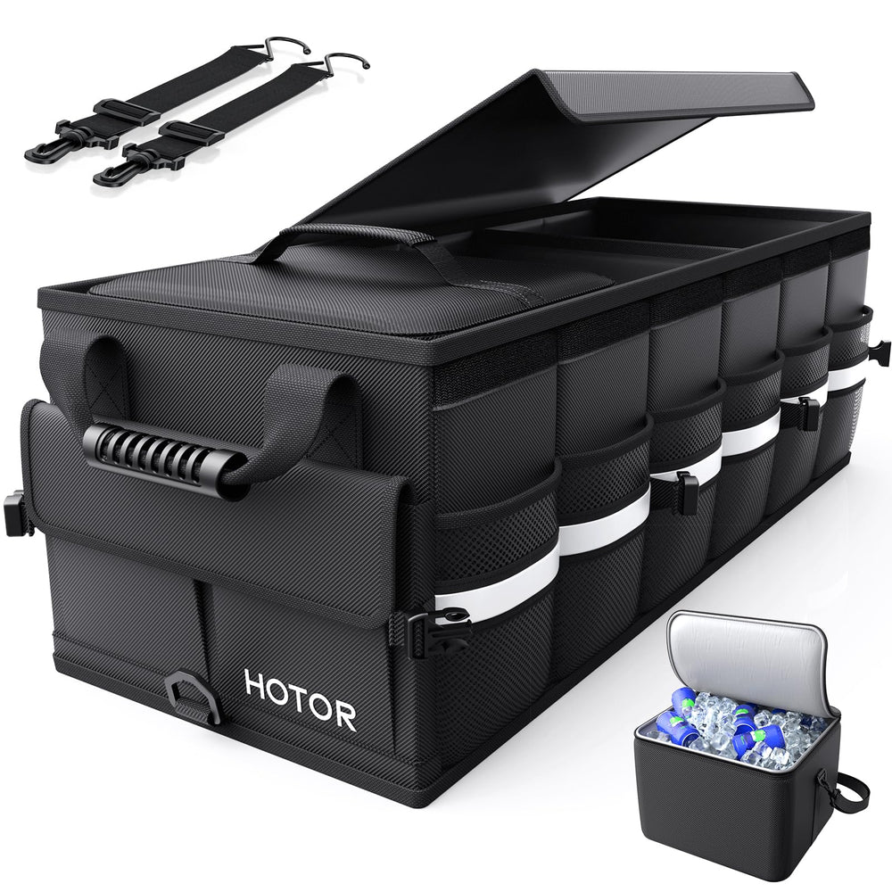 HOTOR trunk organizer front view showing compartments and tidy storage benefit