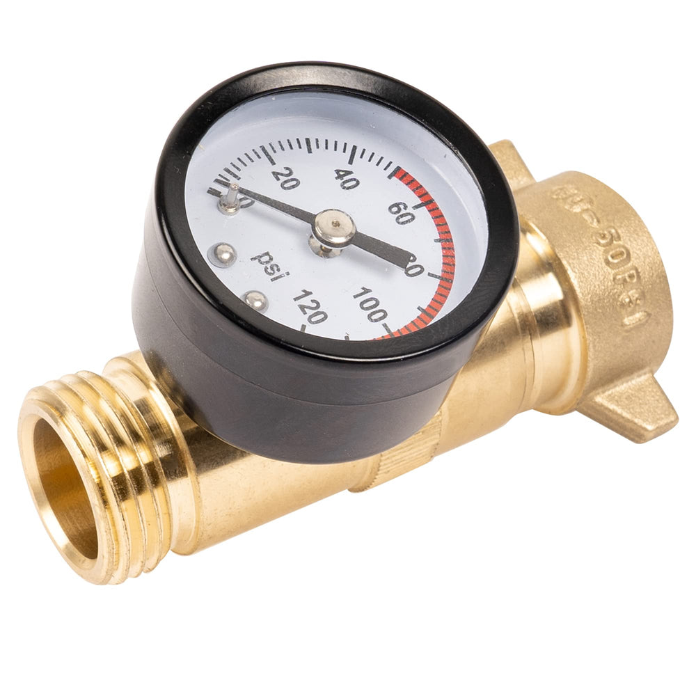Hourleey brass regulator front view showing gauge and hose connection, ensures safe pressure