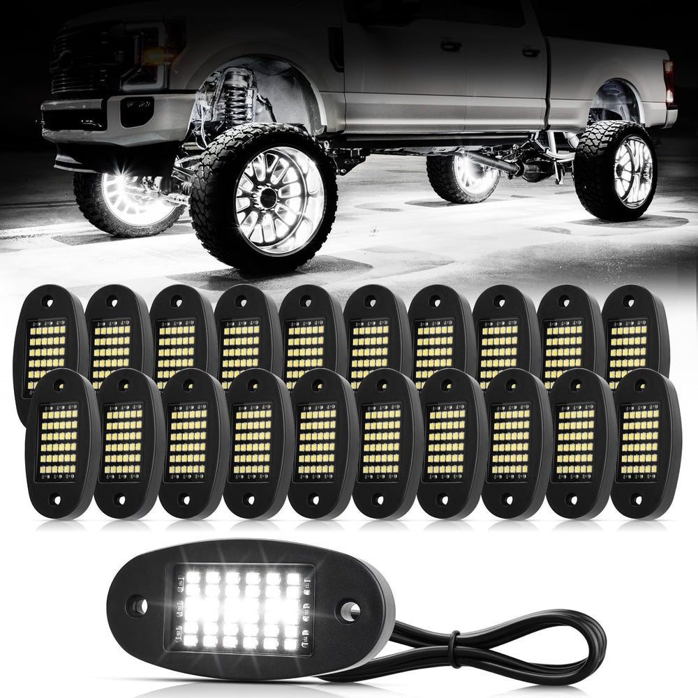 Hovano front packaging showing 20 white rock light pods and included accessories for easy setup