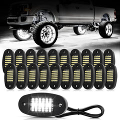 Hovano front packaging showing 20 white rock light pods and included accessories for easy setup