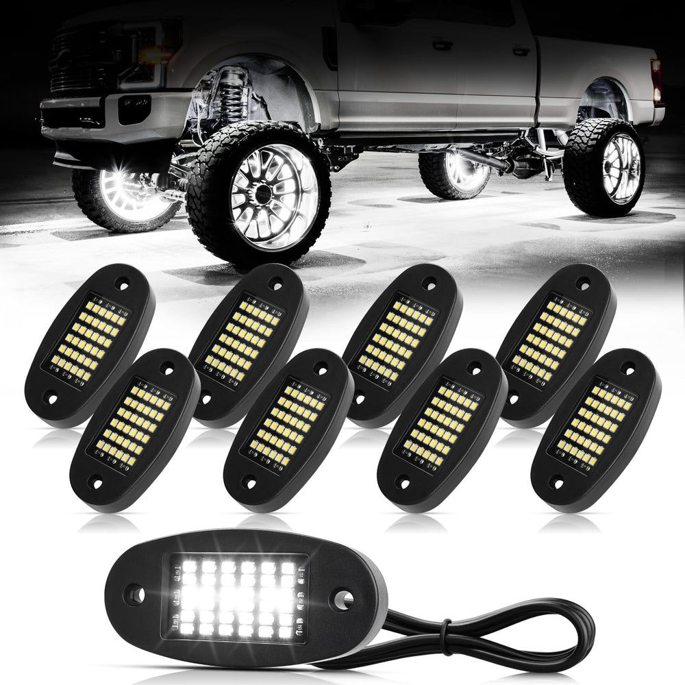 Hovano front view of 8 pods showing bright 6000K white LEDs and wide illumination benefits