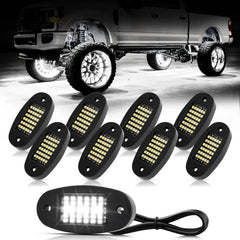 Hovano front view of 8 pods showing bright 6000K white LEDs and wide illumination benefits