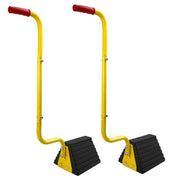 HOXWELL front view of both rubber wheel chocks showing shape and handles, improves storage