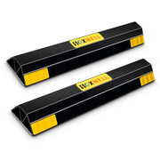 HOXWELL front view of the 18 inch two-pack parking stoppers highlighting size and safety stripes