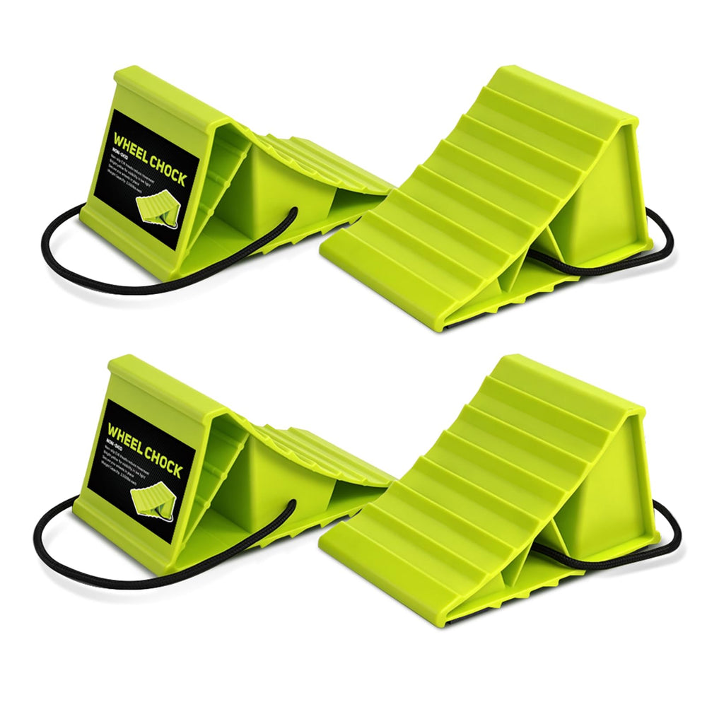 HOXWELL front view of chock pair showing shape and bright color for visibility