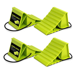 HOXWELL front view of chock pair showing shape and bright color for visibility