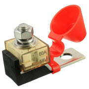HUAREW front view of compact 60A fuse holder showing mounting layout and cap benefit