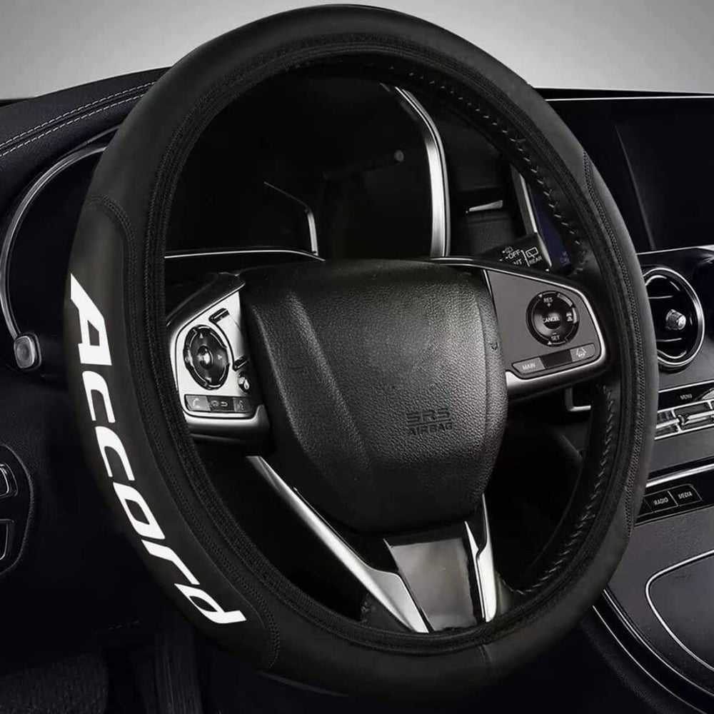 HUIANTS front view of white steering wheel cover showing clean packaging and brand benefit of style