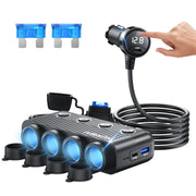 HURMAI front view of adapter showing ports and switches, organizes vehicle power