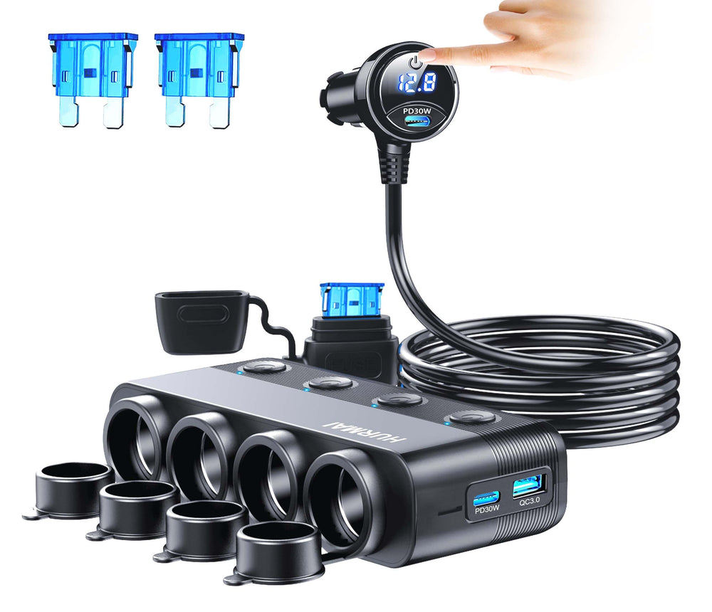 HURMAI front view of charger hub showing sockets and ports for fast multi-device charging