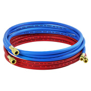 Hybrilis front view of red and blue hose set showing packaging and readiness