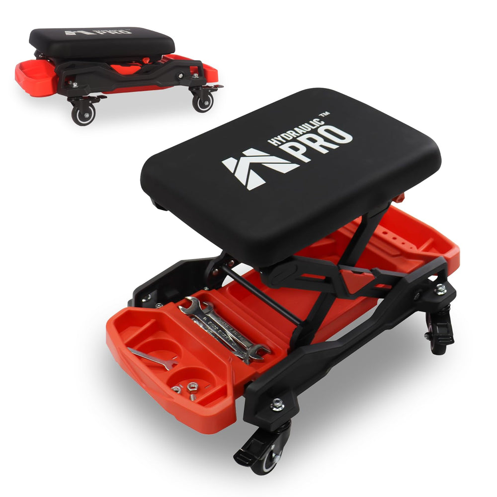 HYDRAULIC PRO front view of rolling creeper seat showing sturdy base and wheels