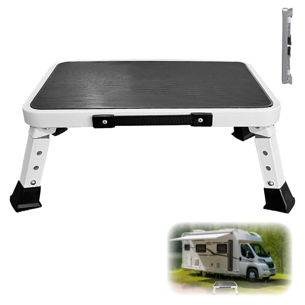 HYMIC front view folded stool showing compact storage and portability