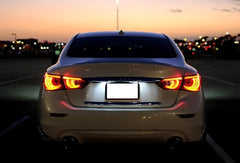 iJDMTOY installed on Infiniti Q50 trunk improving plate visibility at night
