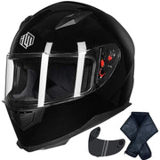 ILM full-face helmet front view showing glossy finish and secure fit benefit