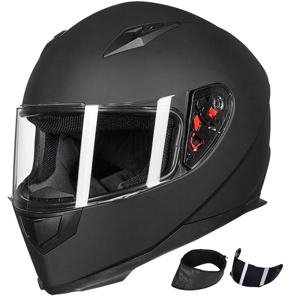 ILM helmet front view showing matte black finish and secure fit benefit