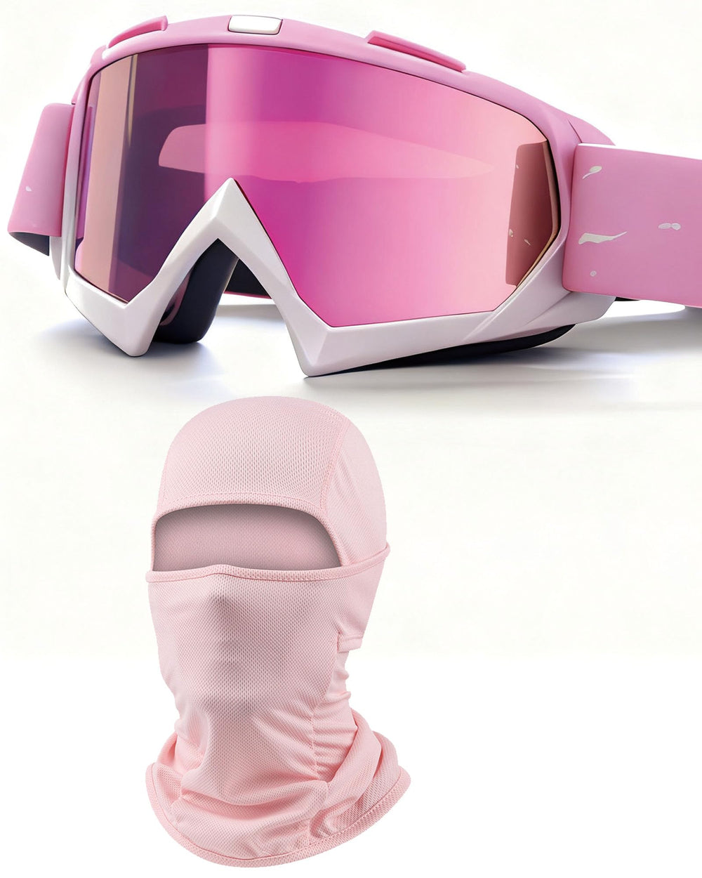 immoono front view of pink goggles and balaclava showing coordinated protection