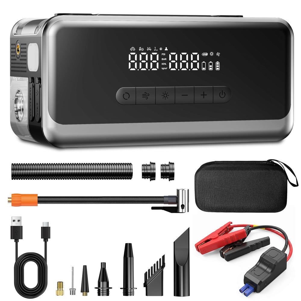 INLAAPUM front view showing portable jump starter and compressor for roadside readiness