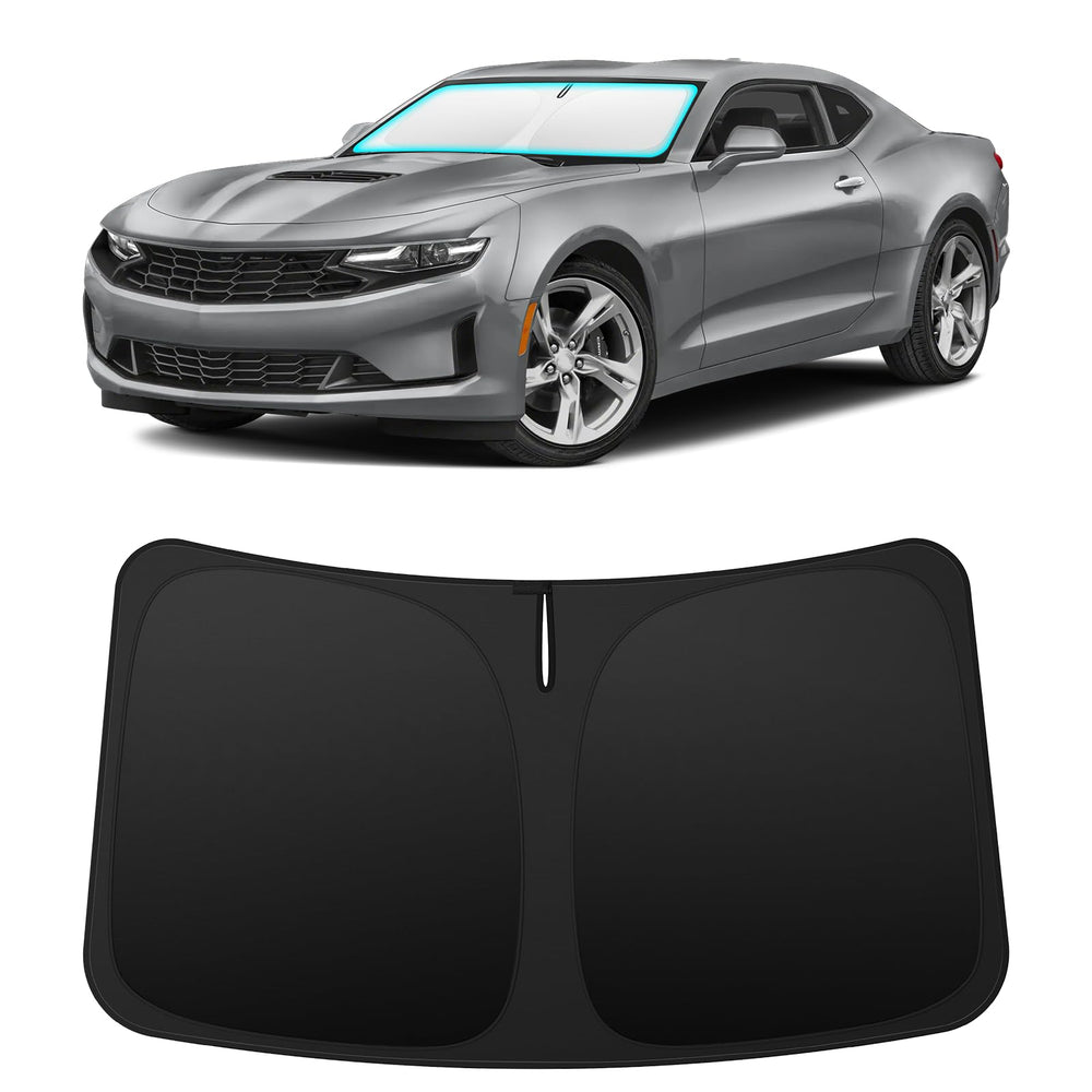 INSAUTO front view of shade fitted in Camaro windshield, protects dash