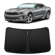 INSAUTO front view of shade fitted in Camaro windshield, protects dash