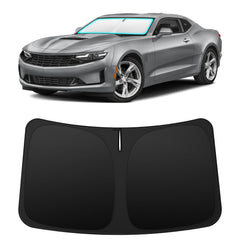 INSAUTO front view of shade fitted in Camaro windshield, protects dash