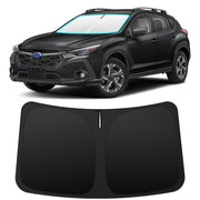 INSAUTO front view showing custom-fit shade on Crosstrek windshield for full coverage
