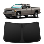 INSAUTO front view of shade fitted in Silverado windshield showing full coverage and protection