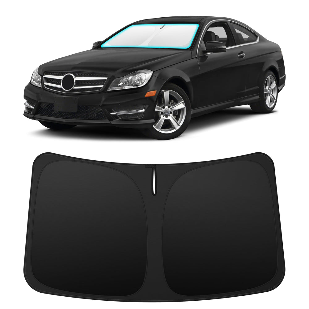 INSAUTO front view fitted on Mercedes C-Class windshield showing perfect fit and sun blockage