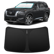 INSAUTO windshield shade installed in Pathfinder front window showing complete coverage and sun blocking benefit