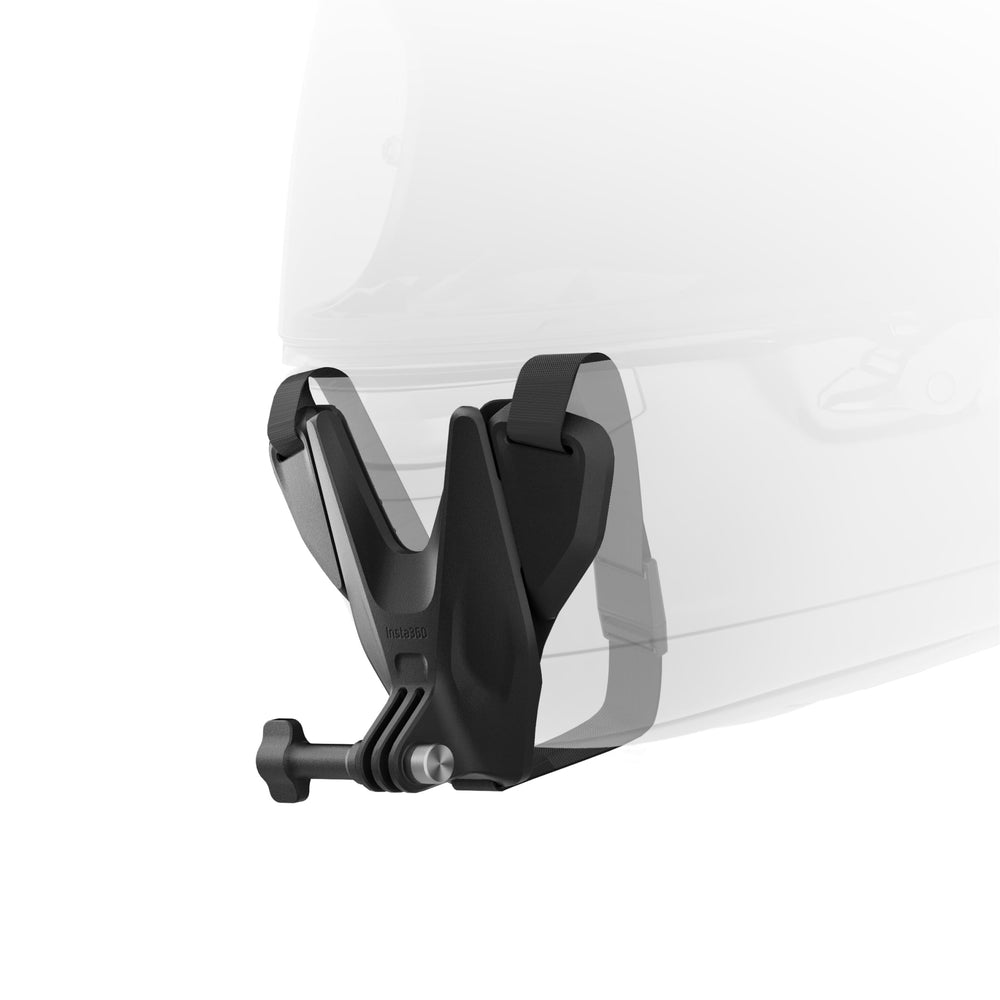Insta360 chin mount front view showing secure helmet placement and stable POV