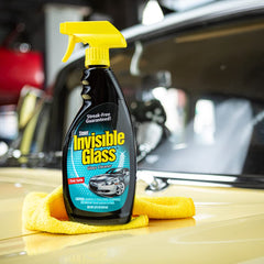 Invisible Glass cleaner close-up spray label showing streak-free cleaning benefit