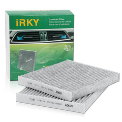 iRKY front view of two-pack cabin air filters showing packaging and fitment benefits