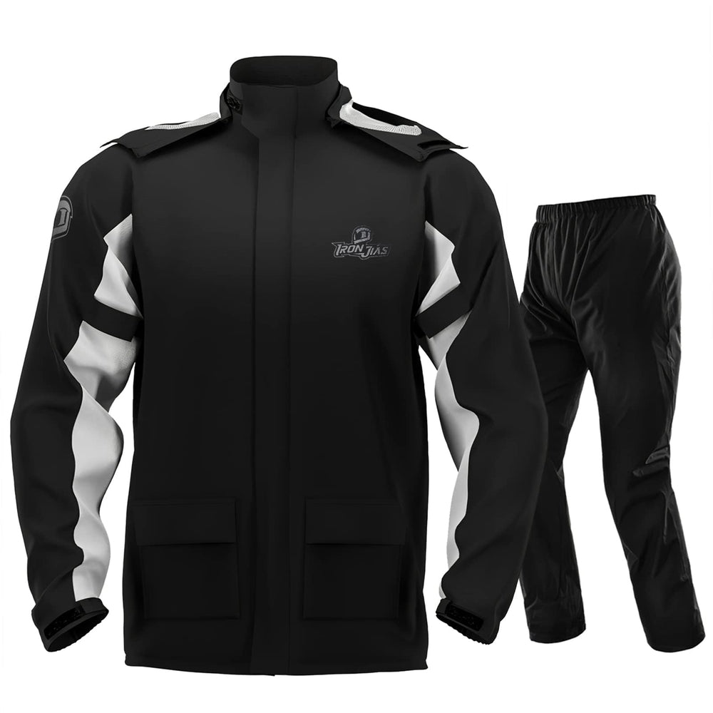 IRON JIA'S front view of rain suit showing full coverage and quick protection