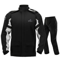 IRON JIA'S front view rain suit showing full coverage and waterproof protection