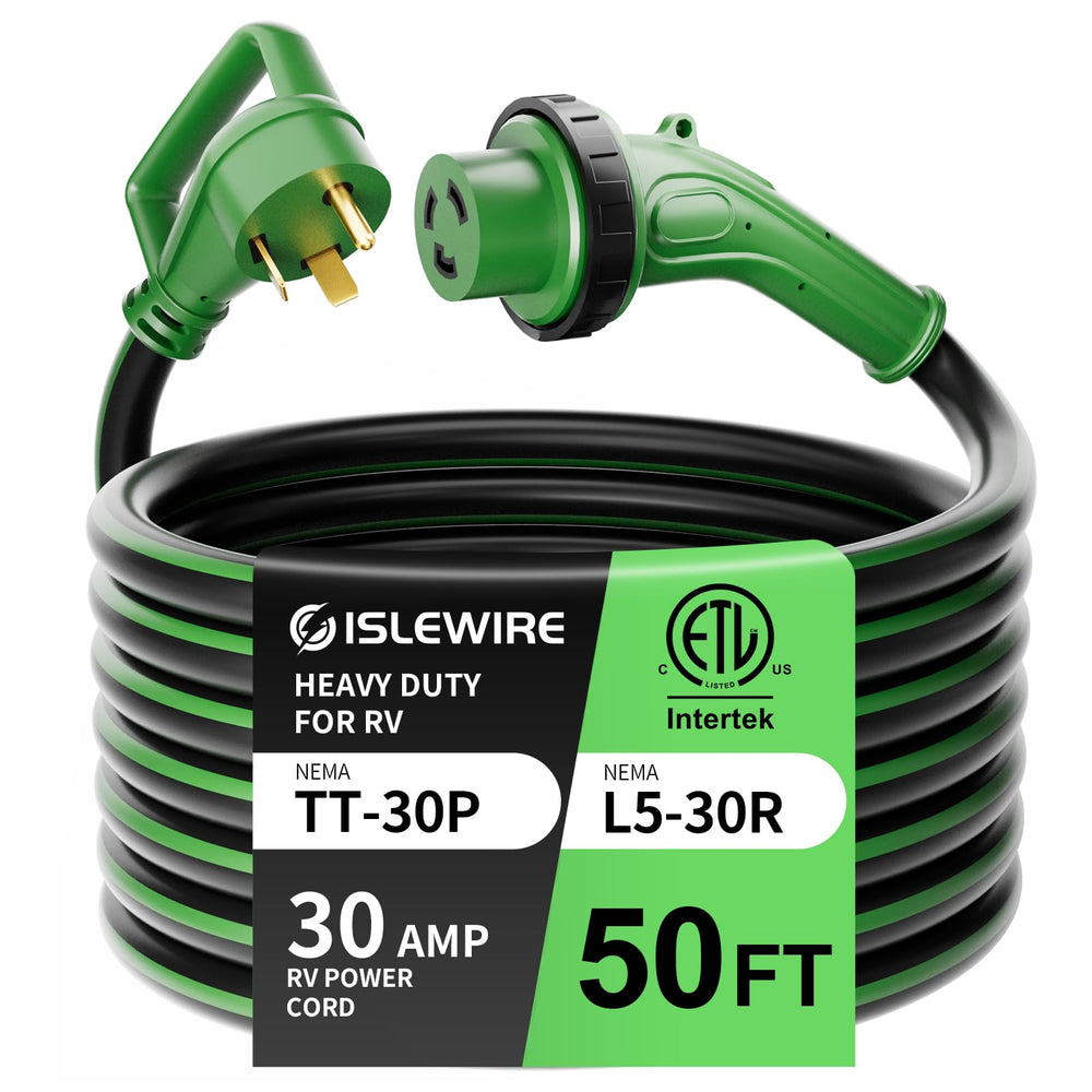 islewire front packaging showing 30A 50ft cord and ETL label benefit safety